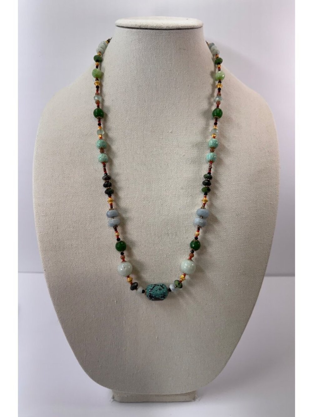 Artisan Mixed Gemstone Necklace Jade Aquamarine Ruby Zoisite Turquoise 27”